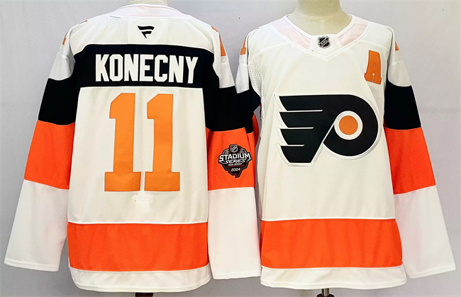 Men's White Philadelphia Flyers #11 Travis Konecny 2024-25 With A Patch Stitched Jersey